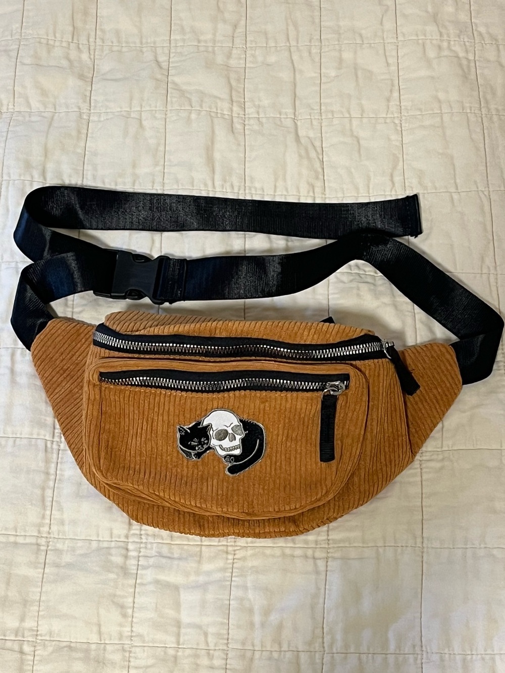 Mustard Yellow Zippered Compartment Sling Bag Fanny Pack with Black Cat & Skull